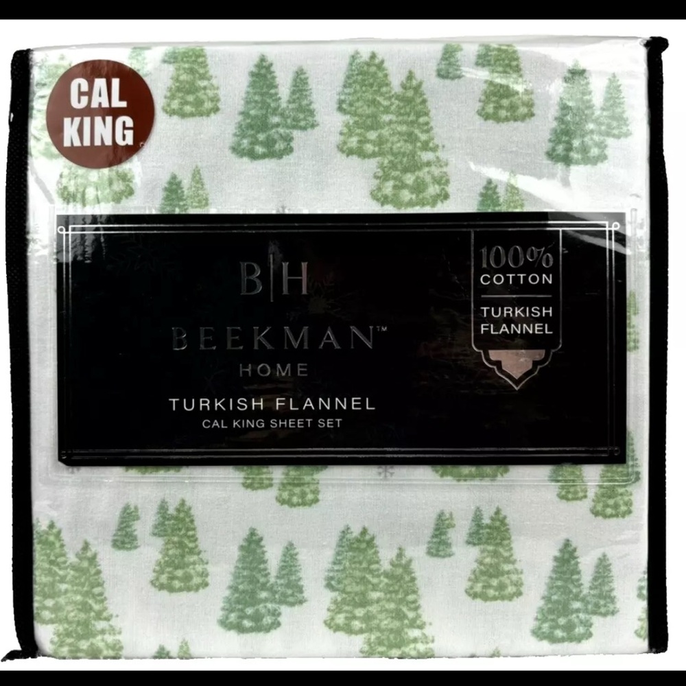Beekman Home CALIFORNIA KING Flannel Sheet Set Christmas Pine Tree 100% Cotton